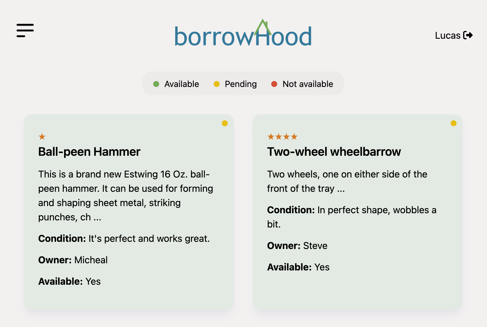 A website screenshot, BorrowHood, that shows the UI
